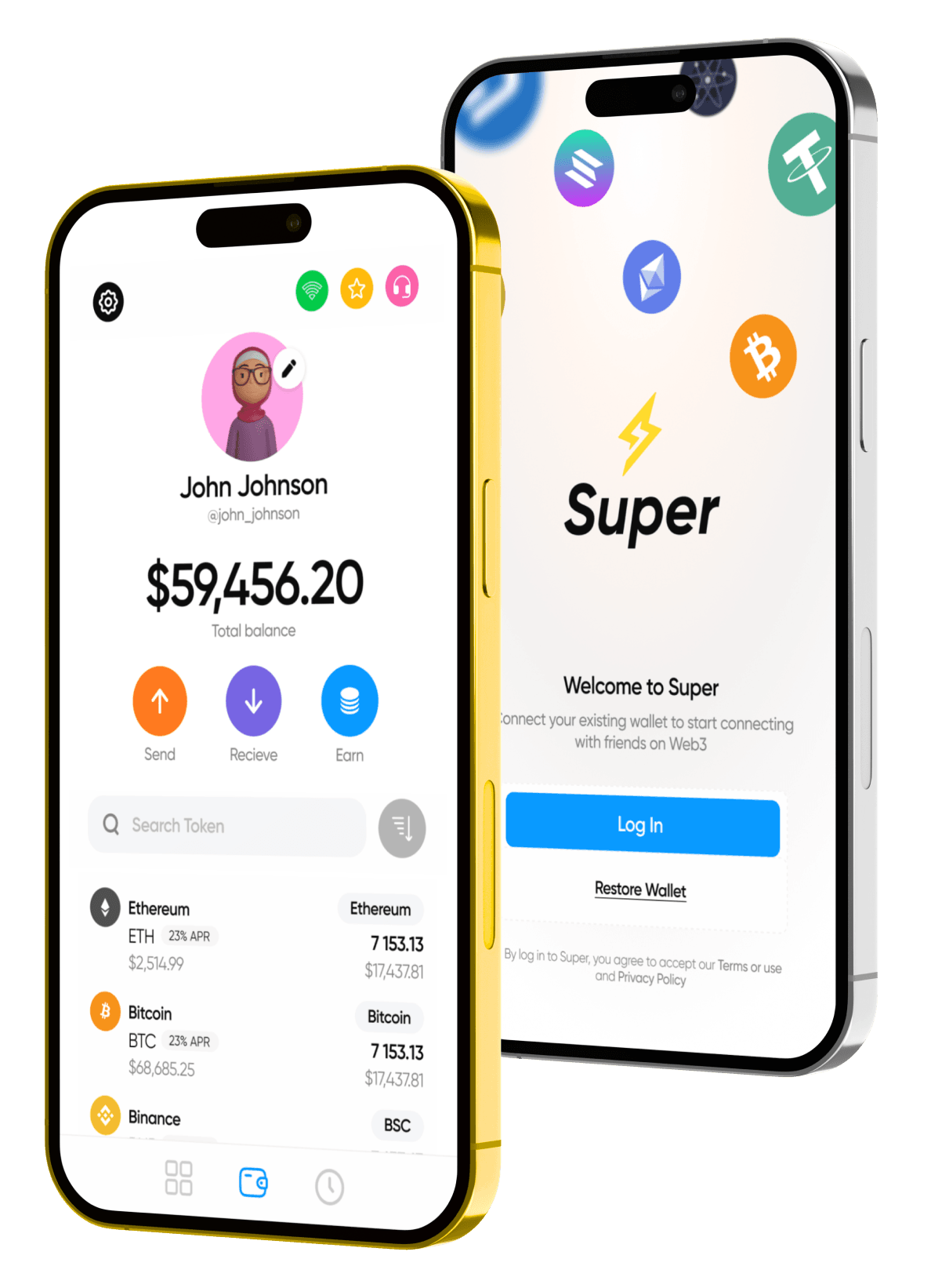 Интерфейс SuperEarn Wallet, демонстрирующий функции безопасного криптокошелька